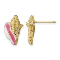 A pair of gold shell-shaped stud earrings with pink and white enamel inlay, shown from front and side views.