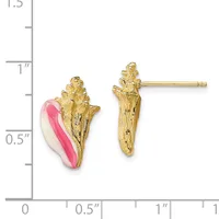 A pair of gold-toned stud earrings with textured leaf-shaped tops and pink and white enameled shell-shaped drops, displayed next to a ruler showing approximately one inch in length.