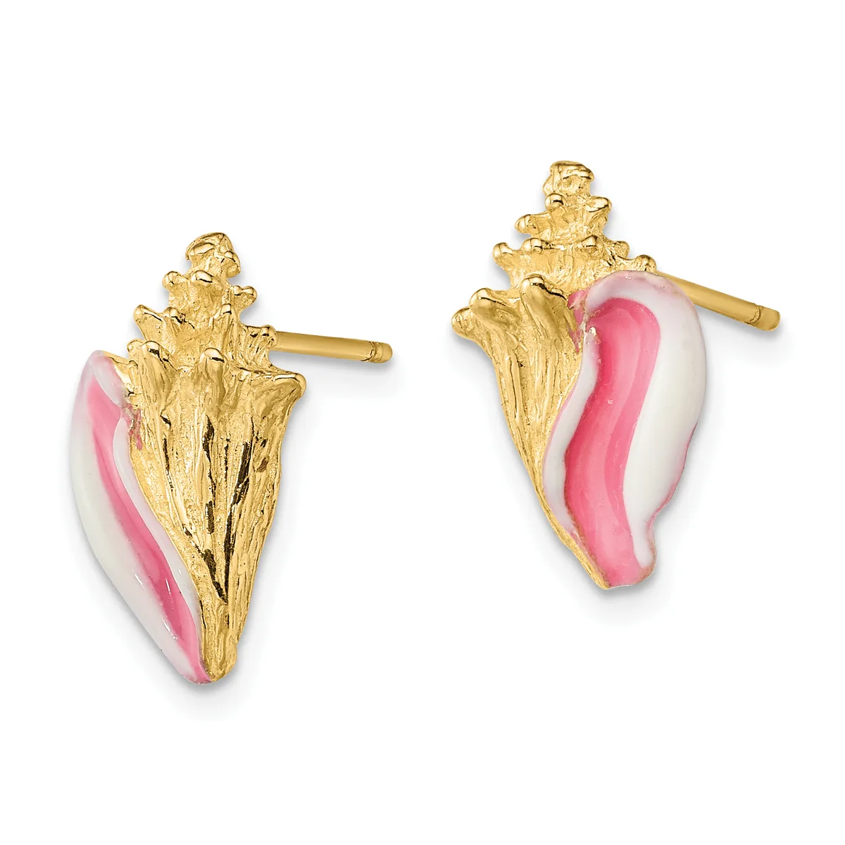 Pair of gold-colored stud earrings with textured shell-shaped tops and pink and white enamel accents, shown from front and back views.