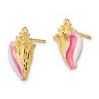 Pair of gold-colored stud earrings with textured shell-shaped tops and pink and white enamel accents, shown from front and back views.