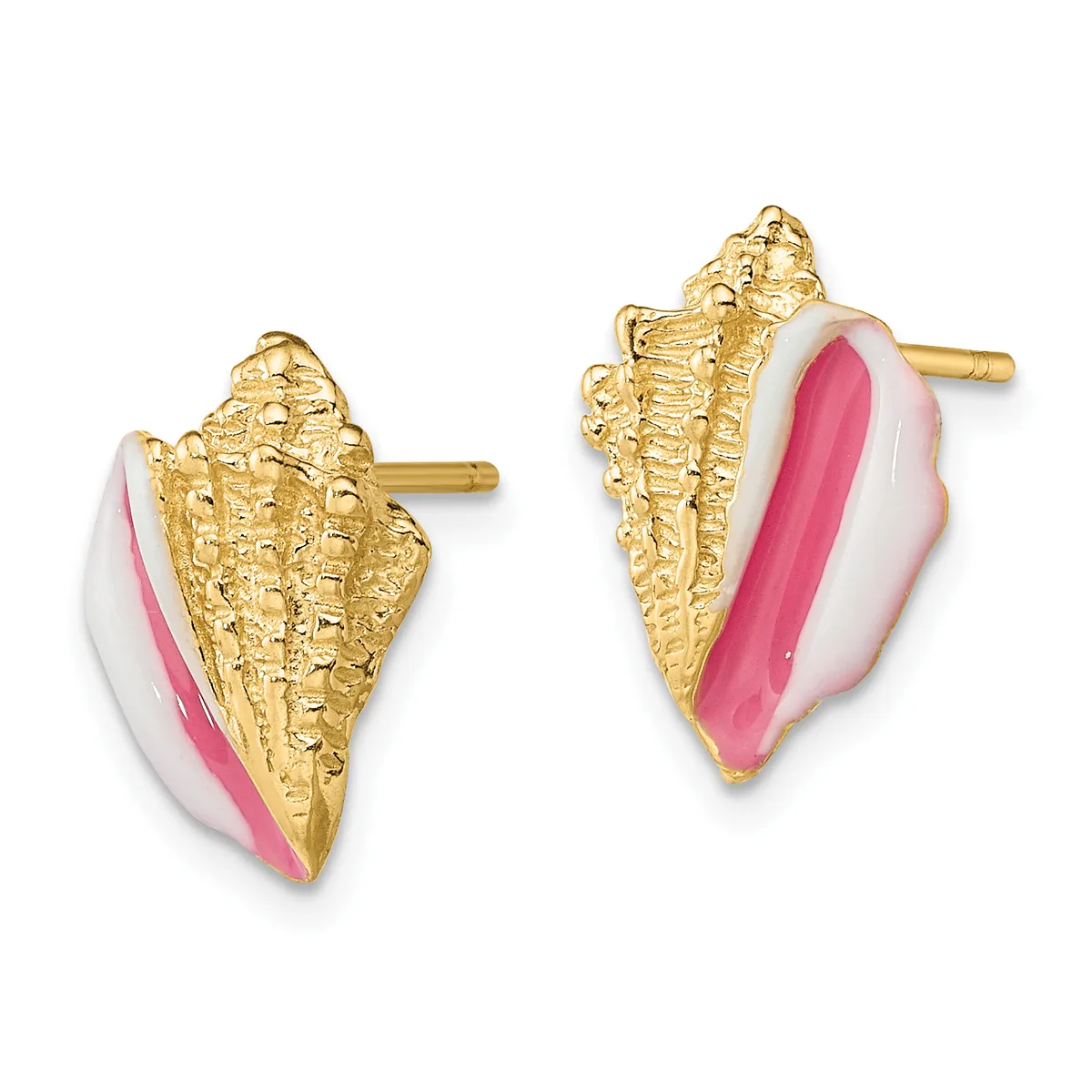 Pair of gold-plated shell-shaped stud earrings with pink and white enamel detail and textured gold backs.