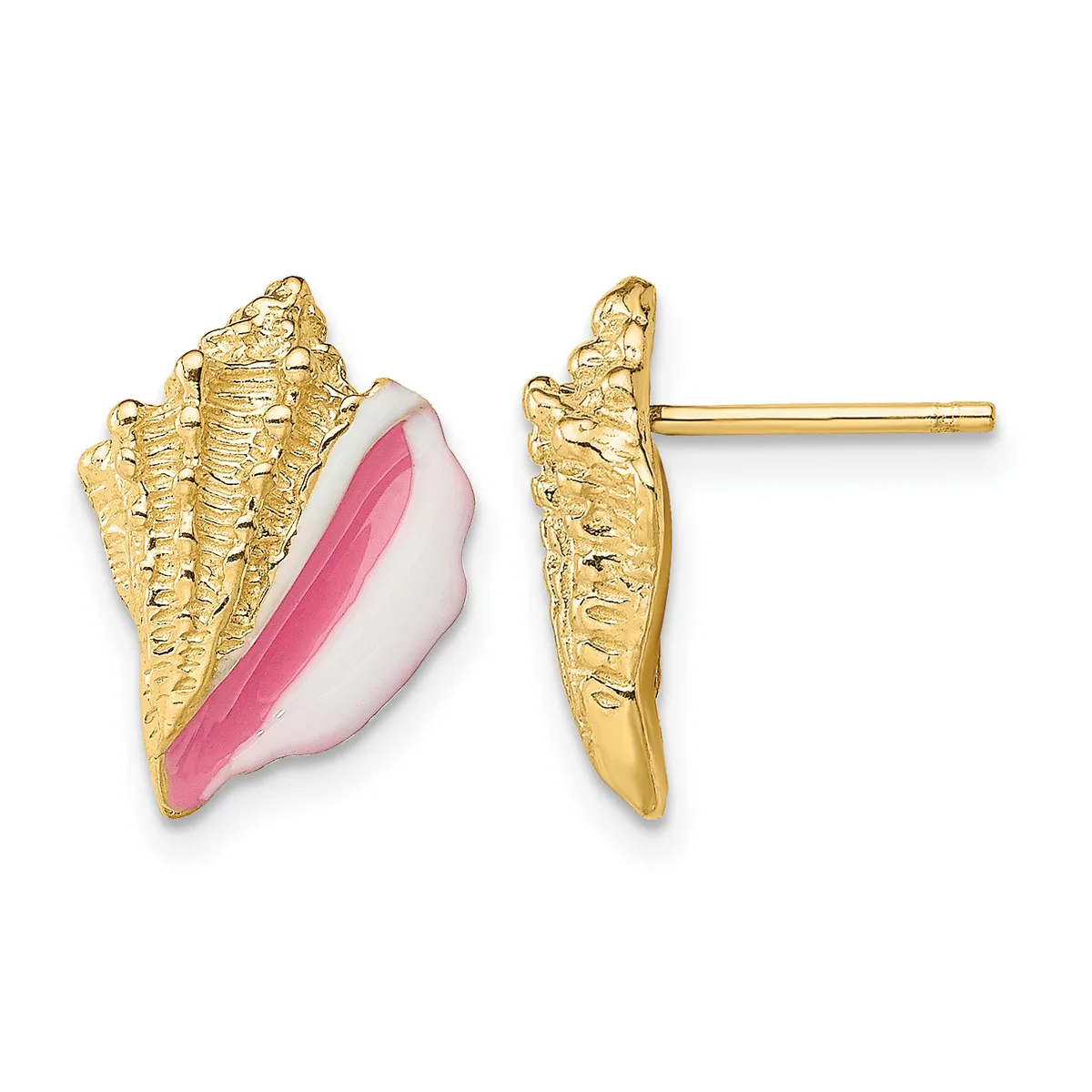 Gold-textured seashell stud earrings with pink and white enamel detail, shown from front and side views.