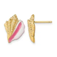 Gold-textured seashell stud earrings with pink and white enamel detail, shown from front and side views.