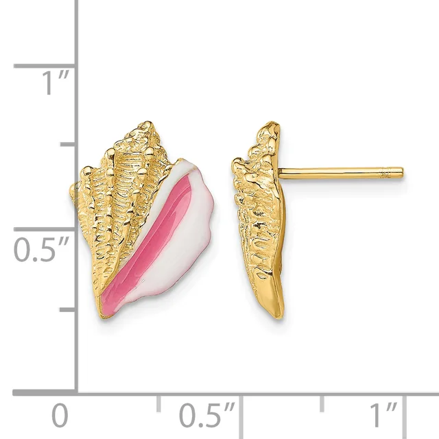 Gold-textured conch shell earrings with pink and white enamel inlay, shown next to a ruler for scale.