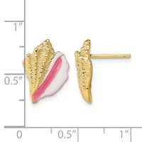 Gold-textured conch shell earrings with pink and white enamel inlay, shown next to a ruler for scale.