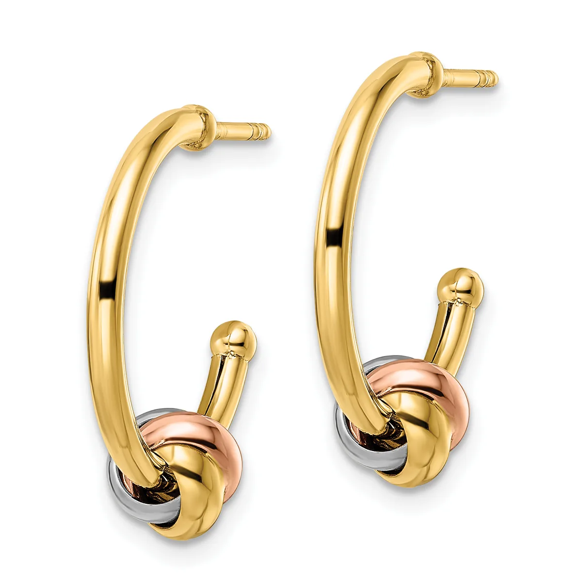Pair of gold hoop earrings with polished yellow gold tubing and rose gold accent knots, displayed against a white background.