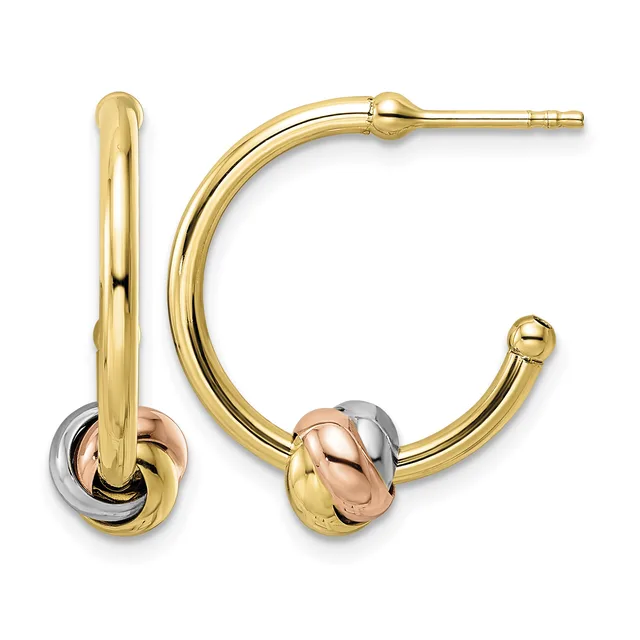 Pair of tricolor gold hoop earrings with polished yellow gold tubing, rose gold and white gold decorative knots, and post backs.
