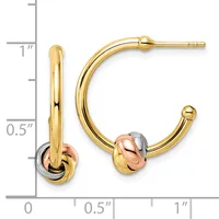 Pair of tri-color gold hoop earrings with textured ball accents, shown against a measurement scale indicating approximately one inch in length.