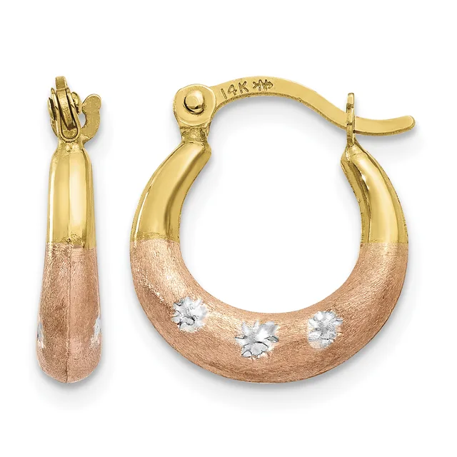 A pair of 14K gold hoop earrings with two-tone finish featuring a brushed rose gold section decorated with three round white stone accents and polished yellow gold top, shown from front and side views.