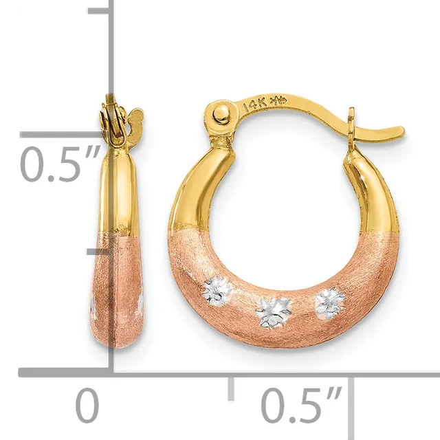 Two-tone gold hoop earrings with textured rose gold bottoms and diamond accents, shown with a measurement scale indicating approximately 0.5 inches in diameter.