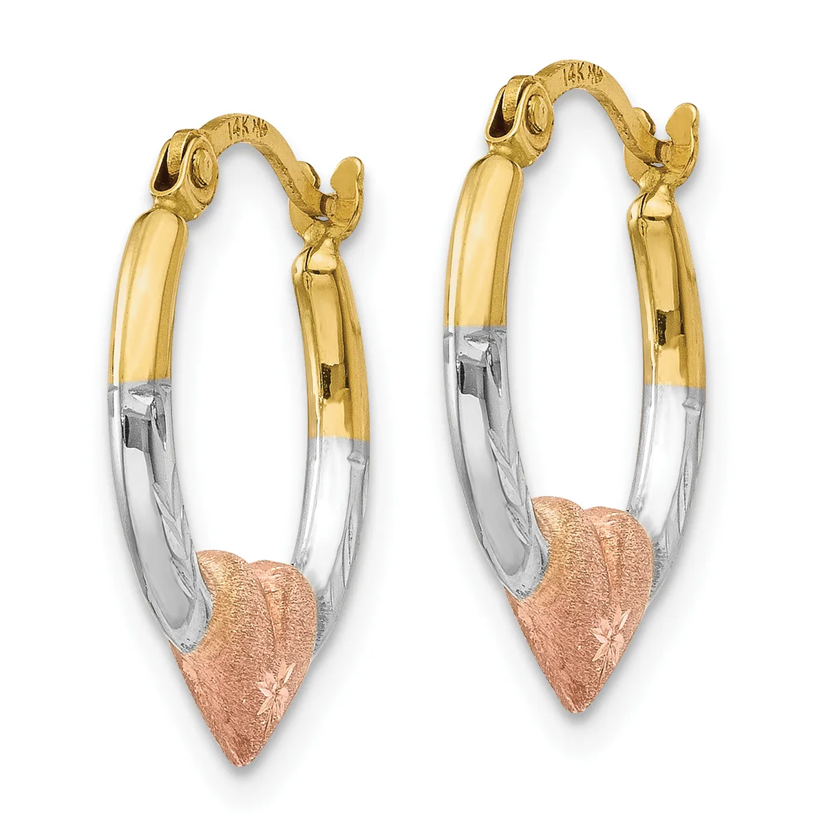 A pair of tricolor hoop earrings with yellow gold tops, white gold middles, and rose gold heart-shaped bottoms, displayed against a white background.