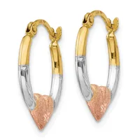 A pair of tricolor hoop earrings with yellow gold tops, white gold middles, and rose gold heart-shaped bottoms, displayed against a white background.