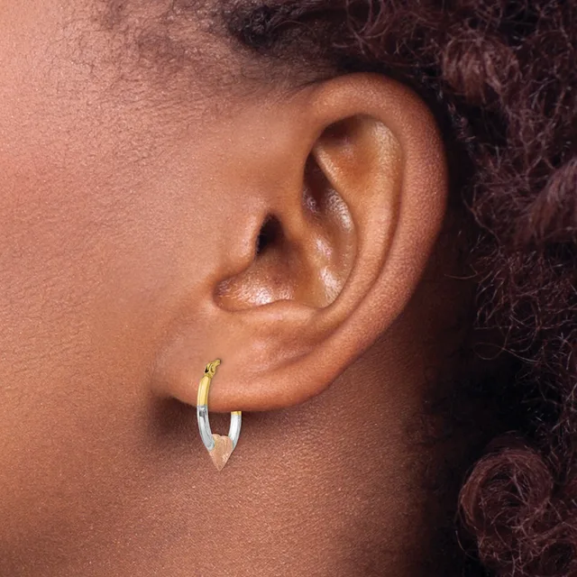 A person wearing a two-tone hoop earring with gold and silver coloring in their pierced earlobe.