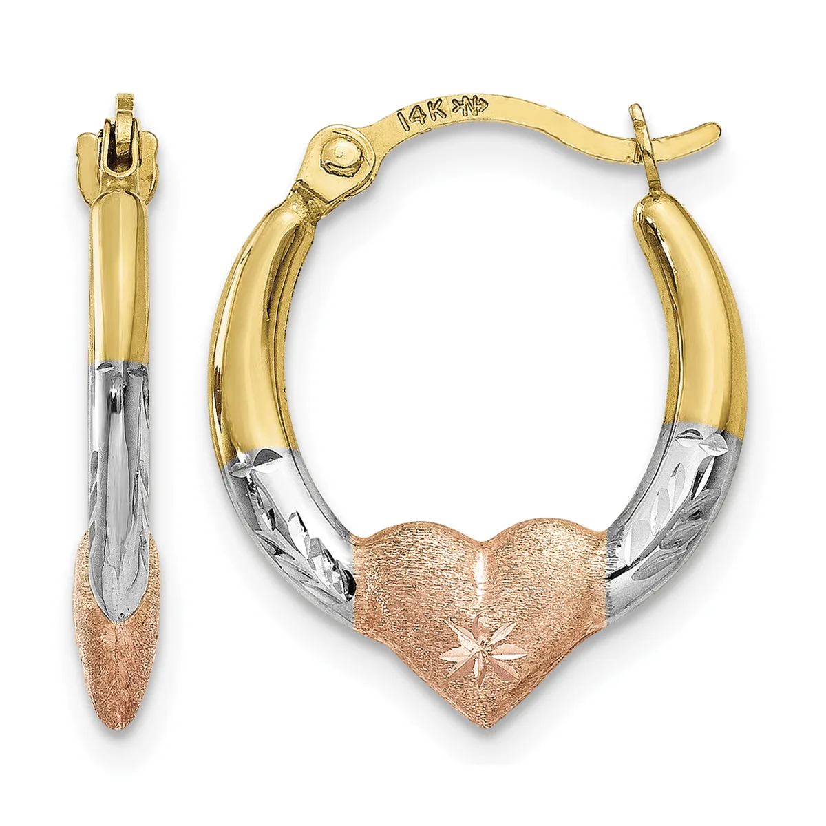 Pair of three-tone gold hoop earrings with a heart charm, shown from front and side views with a small stamped hallmark visible on the upper curve.