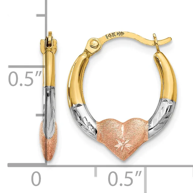 Tri-color gold hoop earrings featuring a rose gold heart accent on the bottom, with yellow gold tops and white gold bottoms, shown with a measurement scale indicating approximately 0.5 inch diameter.