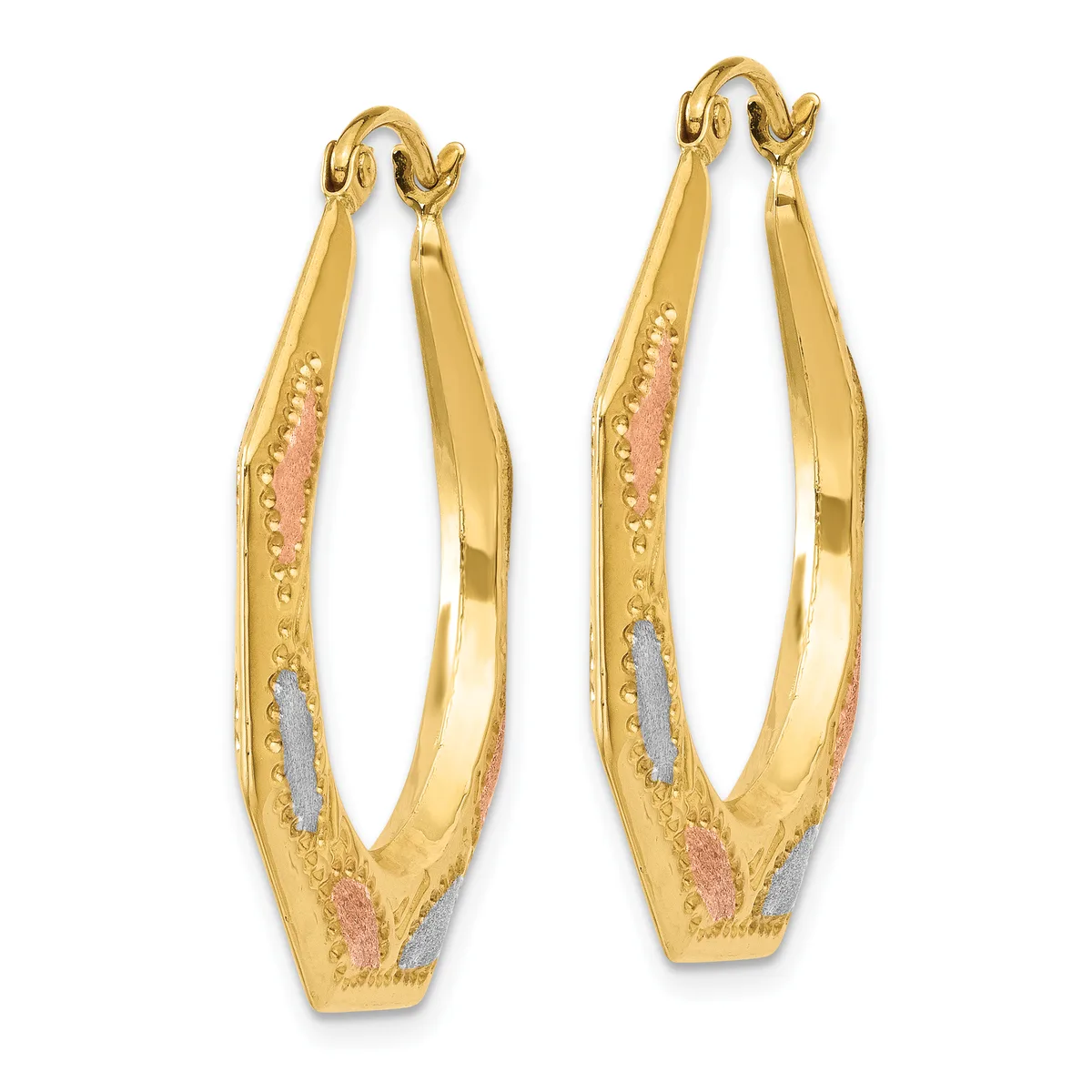 A pair of tricolor gold hoop earrings with textured surfaces in yellow, rose, and white gold, featuring hook closures.