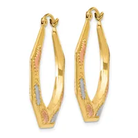 A pair of tricolor gold hoop earrings with textured surfaces in yellow, rose, and white gold, featuring hook closures.