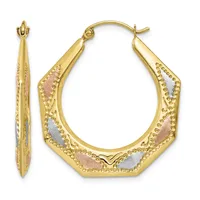 Pair of gold hoop earrings with textured surface featuring rose gold and white gold inlays, shown front and side view.