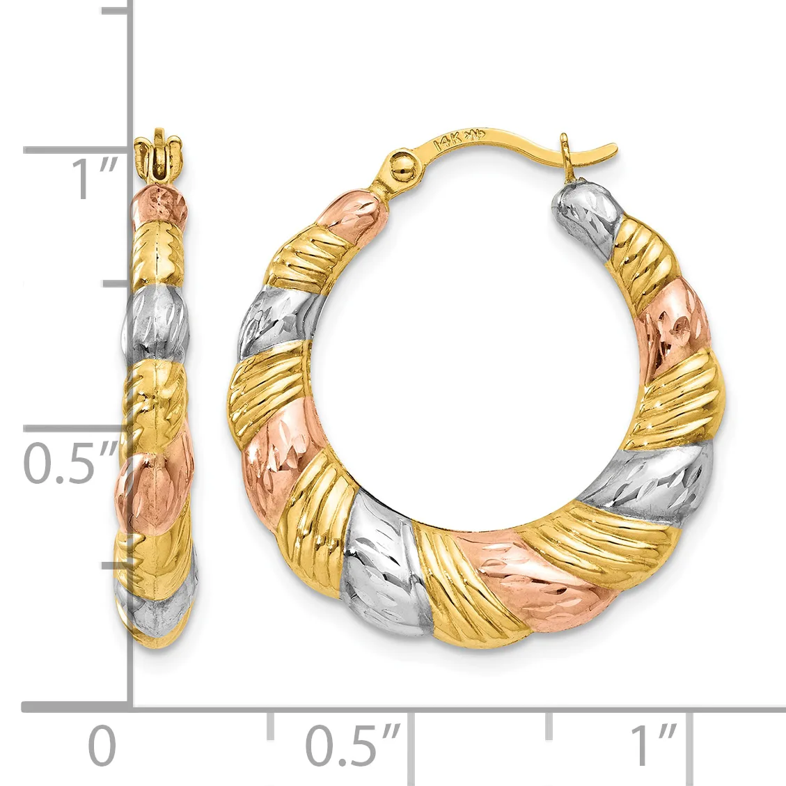 Tri-color gold hoop earrings with textured sections in yellow, white, and rose gold, displayed next to a ruler showing approximately one inch in length.