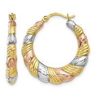 Pair of tricolor gold hoop earrings with alternating textured and smooth sections in yellow, white, and rose gold, shown from front and side views.