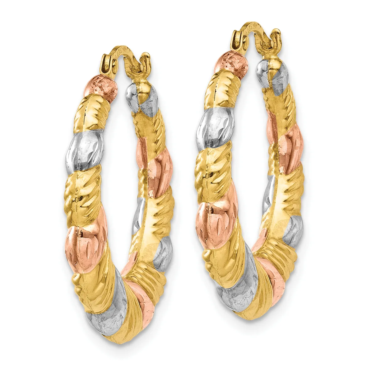 Pair of tricolor gold hoop earrings with textured yellow, white, and rose gold sections and curved posts with loop closures.
