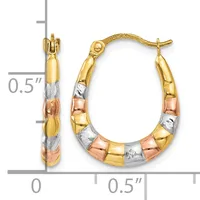 Tri-color gold hoop earrings with yellow, white, and rose gold segments in a textured finish, shown next to a measurement scale indicating approximately 0.5 inches in height.