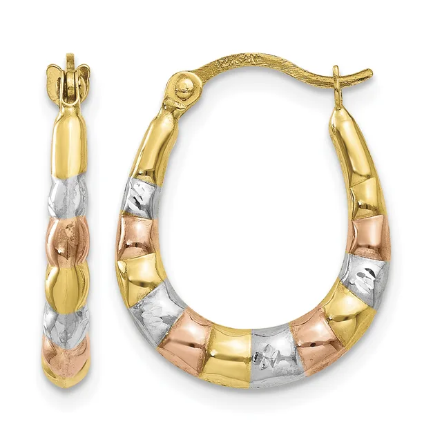 Pair of tricolor gold hoop earrings with segmented design in yellow, white, and rose gold, shown from front and side views.