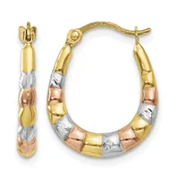 Pair of tricolor gold hoop earrings with segmented design in yellow, white, and rose gold, shown from front and side views.