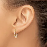 A close-up view of a person's ear wearing a two-tone gold and silver hoop earring with a textured surface.