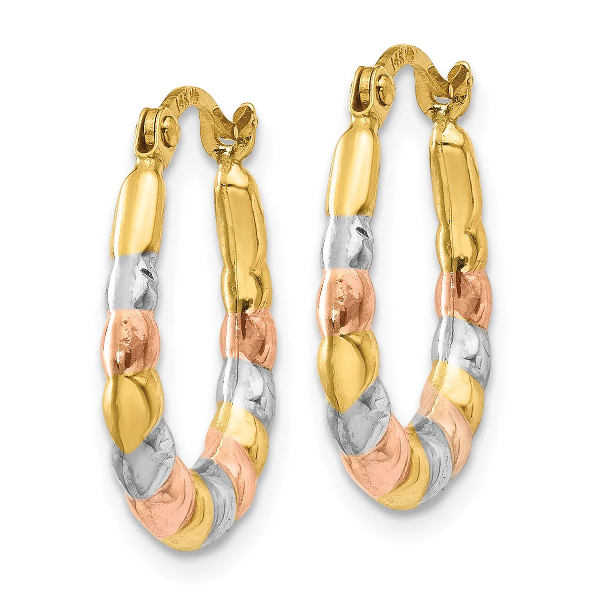 A pair of tricolor gold hoop earrings with segmented bands in yellow, white, and rose gold, featuring a curved hook closure.