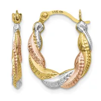 Pair of tricolor gold hoop earrings with textured yellow, rose, and white gold bands twisted together, shown from front and side views.