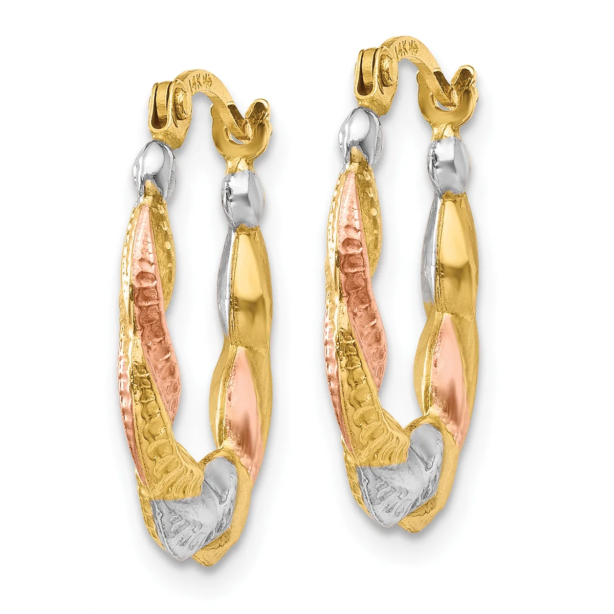 Pair of tri-color gold hoop earrings with textured surface detail and small stamped hallmarks, shown against a white background.