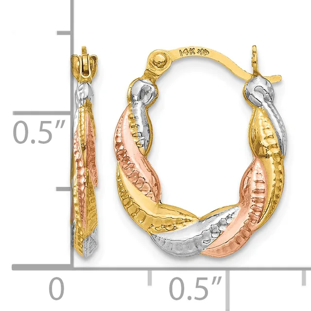 Tri-color gold oval hoop earrings with textured surfaces in yellow, white, and rose gold, shown with a measurement scale indicating approximately 0.5 inches in height.