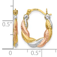 Tri-color gold oval hoop earrings with textured surfaces in yellow, white, and rose gold, shown with a measurement scale indicating approximately 0.5 inches in height.