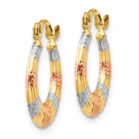 A pair of three-tone hoop earrings with yellow gold, white gold, and rose gold sections featuring a textured finish and hinged posts.