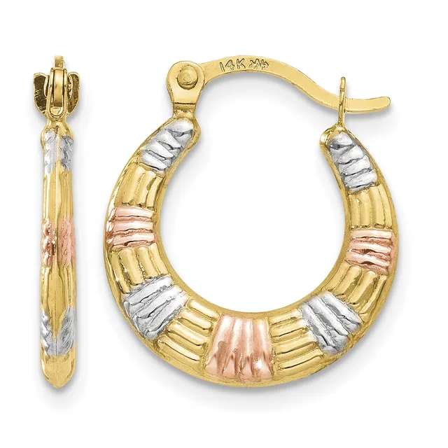 Pair of tricolor gold hoop earrings with textured yellow gold, white gold, and rose gold striped sections, shown from front and side views.