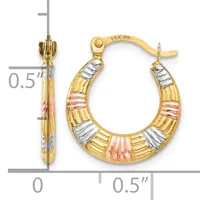 Pair of 14K gold hoop earrings with textured tri-color striping in yellow, white, and rose gold, shown with a measurement scale.