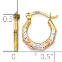 Pair of small gold hoop earrings with textured surface in three-tone finish, shown from front and side views with measurement scale.
