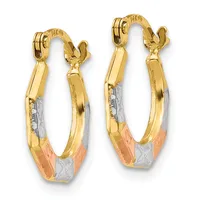 A pair of tri-color gold hoop earrings with yellow, white, and rose gold sections, featuring a curved rectangular shape and hinged closure posts.