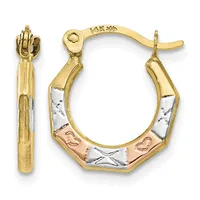 Pair of 14K gold hoop earrings with tri-color design, featuring yellow gold, white gold, and rose gold sections with textured details and hinged closure backs.