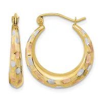 Pair of tricolor gold hoop earrings with textured and ribbed surface details, shown from front and side views.