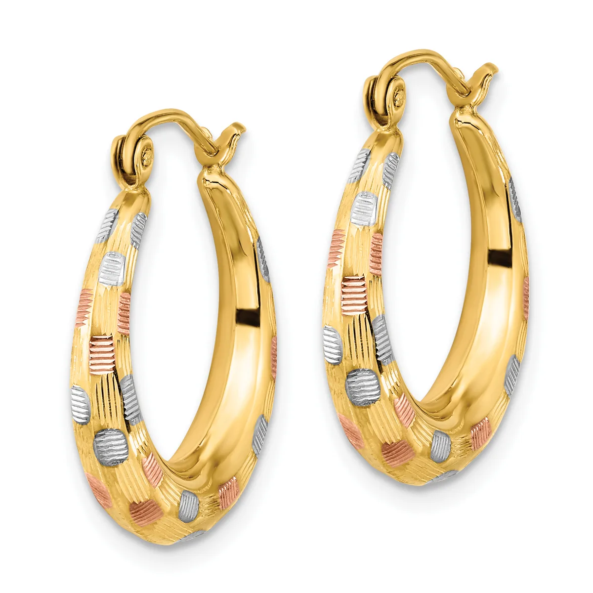 Pair of gold hoop earrings with textured surface featuring white and rose gold inlay pattern, shown from front view with hinged closures.