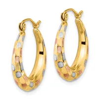 Pair of gold hoop earrings with textured surface featuring white and rose gold inlay pattern, shown from front view with hinged closures.