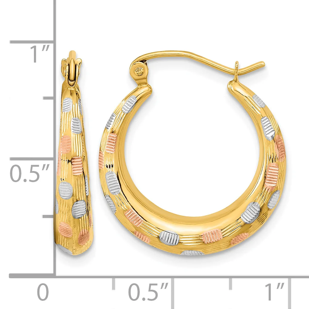 Pair of gold hoop earrings with textured and smooth surfaces in yellow, white, and rose gold tones, displayed next to a measurement ruler.