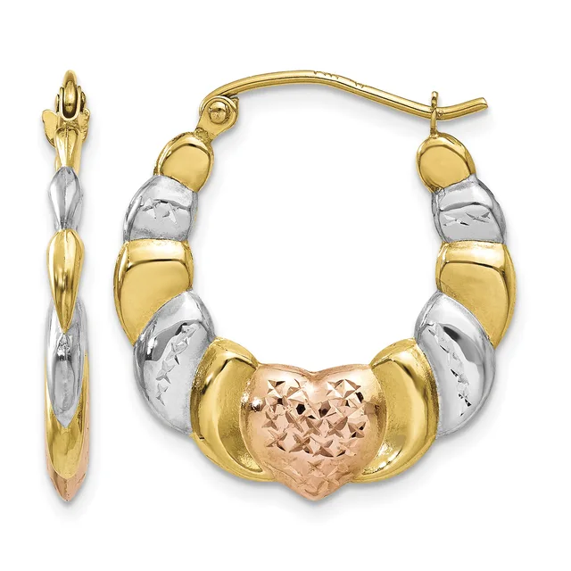 Pair of tricolor gold hoop earrings featuring alternating polished and textured segments in yellow, white, and rose gold, with a heart-shaped center element.