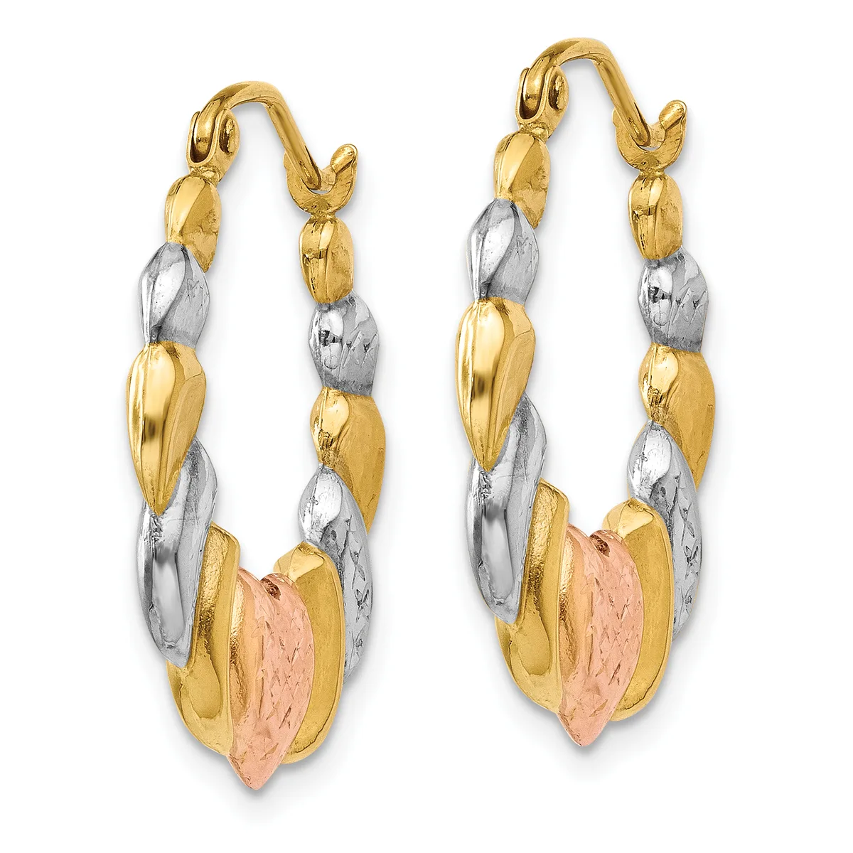 Pair of tri-color gold hoop earrings with alternating yellow, white, and rose gold textured segments and a hinged clasp closure.