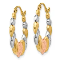 Pair of tri-color gold hoop earrings with alternating yellow, white, and rose gold textured segments and a hinged clasp closure.