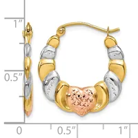 Tri-color gold hoop earrings with alternating polished and textured segments in yellow, white, and rose gold, featuring a heart-shaped charm, displayed with a ruler showing approximately one inch in length.