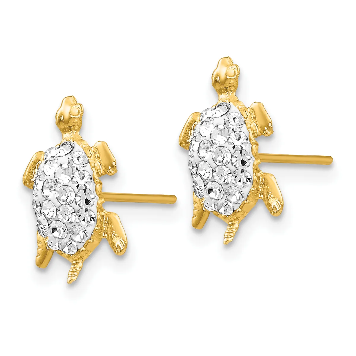 Pair of gold turtle stud earrings with crystal-studded shells and gold posts on a white background.