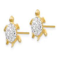 Pair of gold turtle stud earrings with crystal-studded shells and gold posts on a white background.